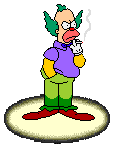 Krusty the Clown smoking a cigarette, looking angry.